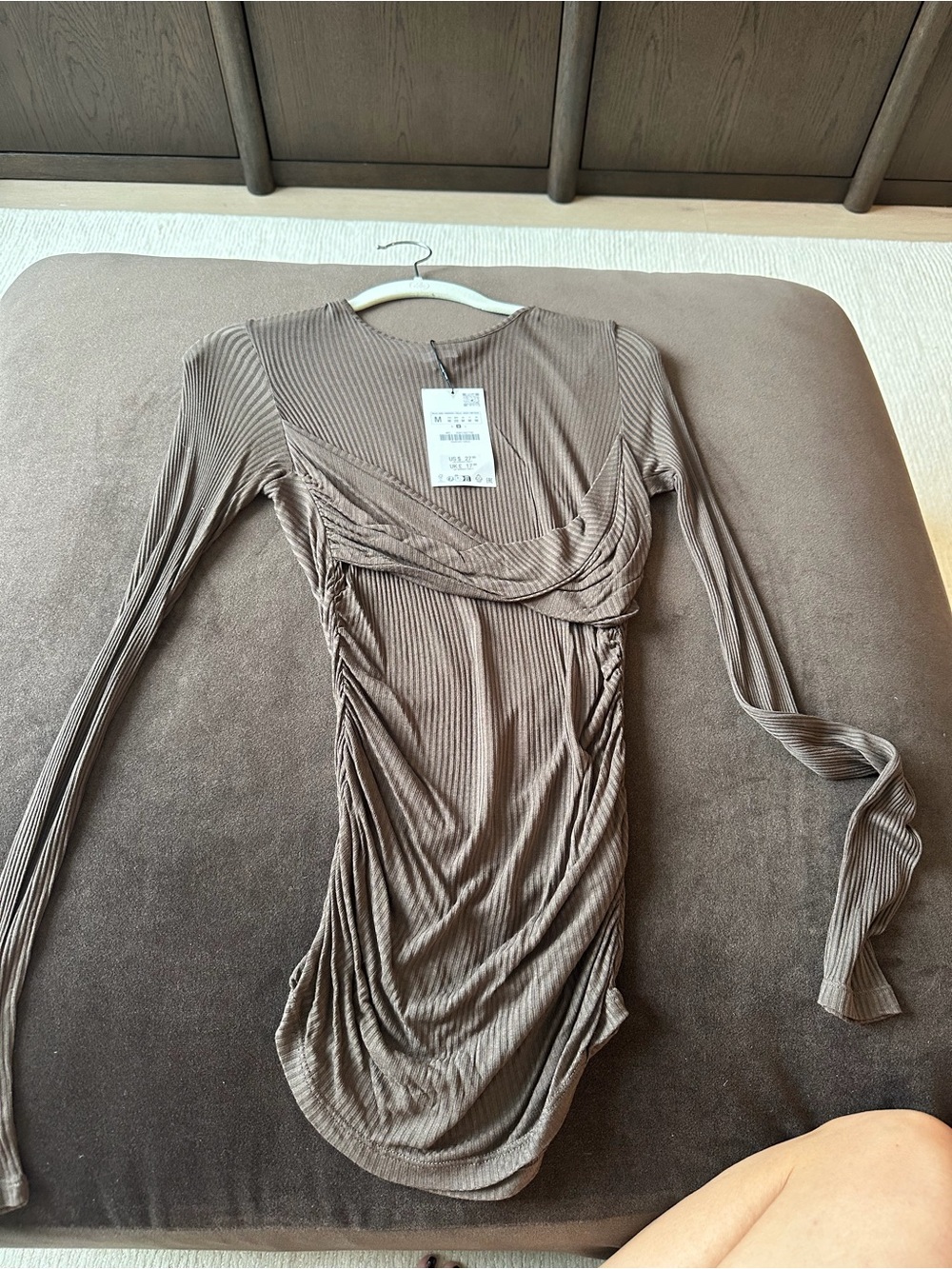 Zara Ribbed Long-Sleeve Bodycon Top in Taupe